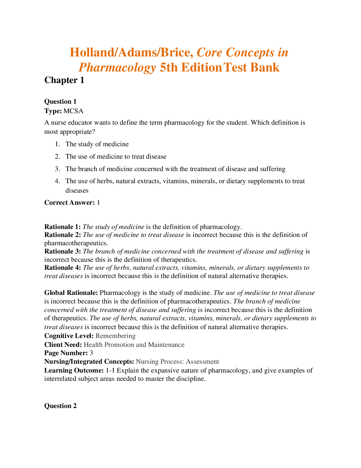 Test Bank Core Concepts in Pharmacology 5th Edition by Leland Norman Holland, Michael P. Adams, Jeanine Lynn Brice | Complete Chapters 1 - 38